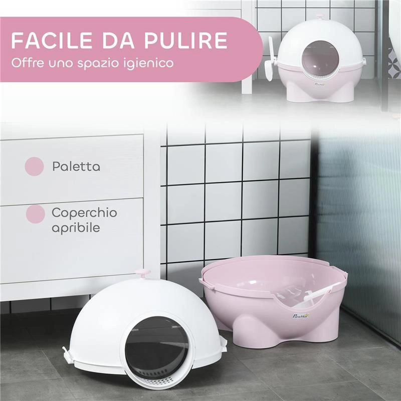 LETTIERA PER GATTI 4KG MAX CON COPERCHIO E PALETTA INCLUSA, 53X51X48 CM, BIANCA E ROSA