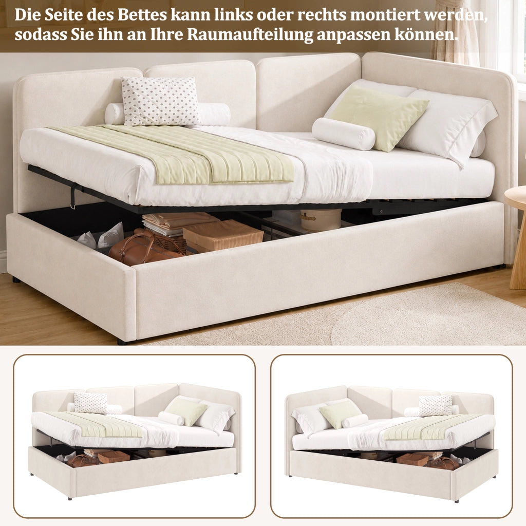 Letto contenitore 90 × 200 cm con sollevamento idraulico, lato reversibile, senza materasso, in velluto beige