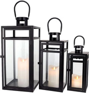 Set di 3 Lampioni in Metallo Decorativi Grande da Appendere all'Esterno con Pannelli di Vetro Rafforzato per Decorazione di Casa Feste Giardino (Nero Scuro)