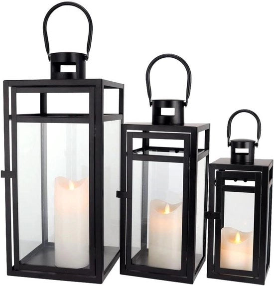 Set di 3 Lampioni in Metallo Decorativi Grande da Appendere all'Esterno con Pannelli di Vetro Rafforzato per Decorazione di Casa Feste Giardino (Nero Scuro)