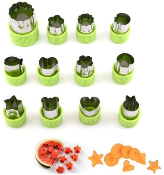 Set di 12 coltelli per verdure - Coltello in acciaio inox con protezione per mano - Mini stampi a forma di biscotto - Stampi a forma di fiori, cuori e animali - Per bambini - Coltelli per verdure divertenti - Per tagliare forme - Verde