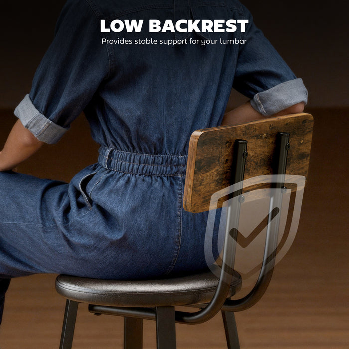 Set 2 Sgabelli da Bar Stile Industriale con Schienale Seduta in Finta Pelle e Poggiapiedi Marrone Rustico