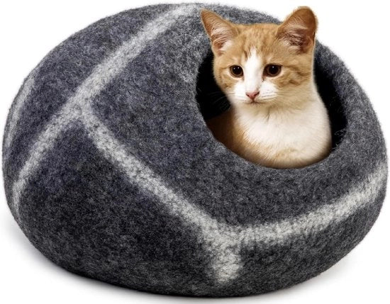 Grotto per gatti (Medio), realizzato a mano con 100% lana di merino, grotto per gatti e gattini ecosostenibile in pelle di pecora per interni (a strisce grigie (Pebble stripe))