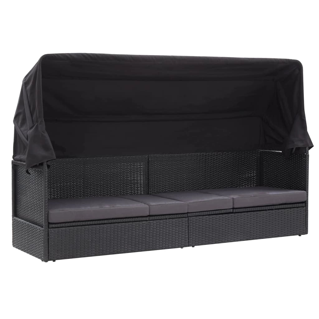 Divano letto da esterno con baldacchino in resina intrecciata nera 02_0012024