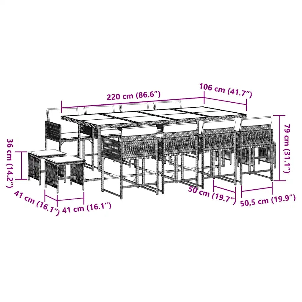 Set da Pranzo da Giardino 13pz con Cuscini Grigio in Polyrattan 3211520