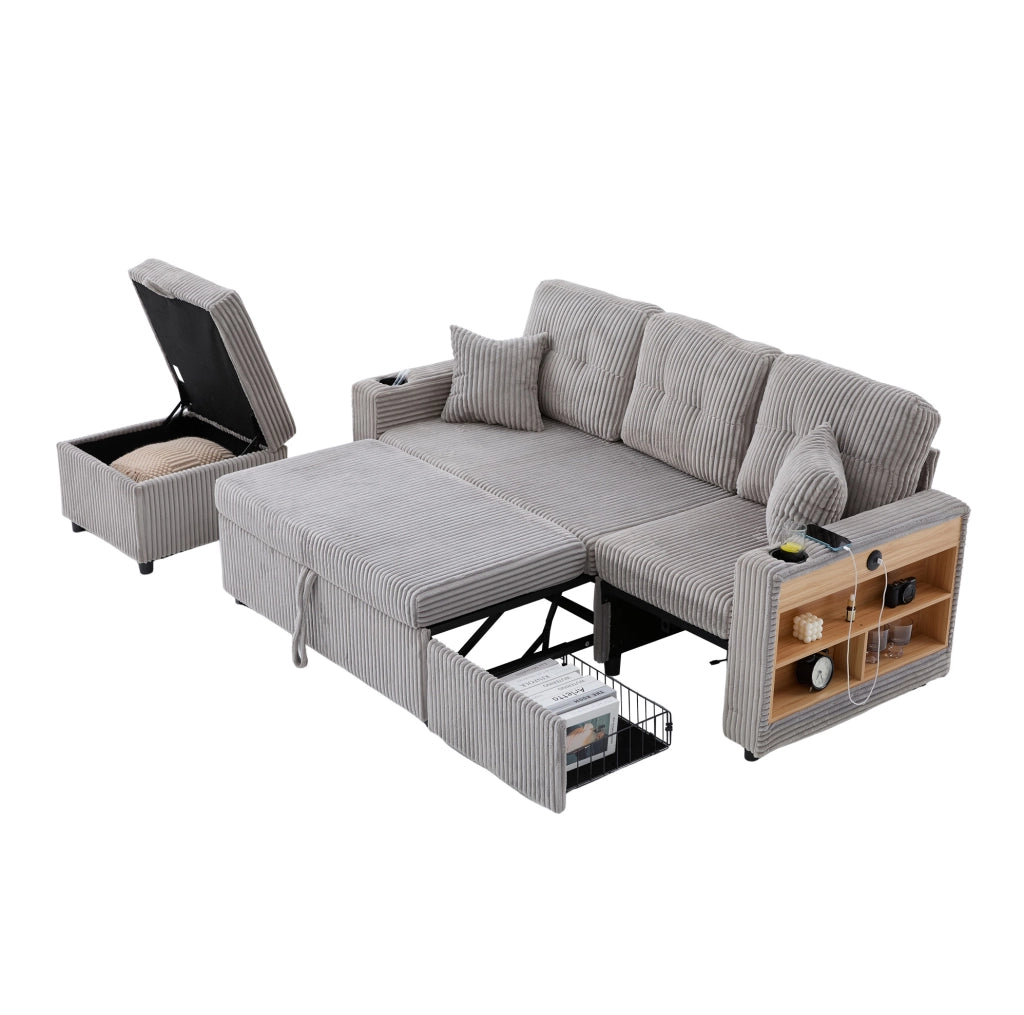 Divano letto estraibile con contenitore; USB-C e LED 196x82/144x85 cm in velluto a coste grigio chiaro