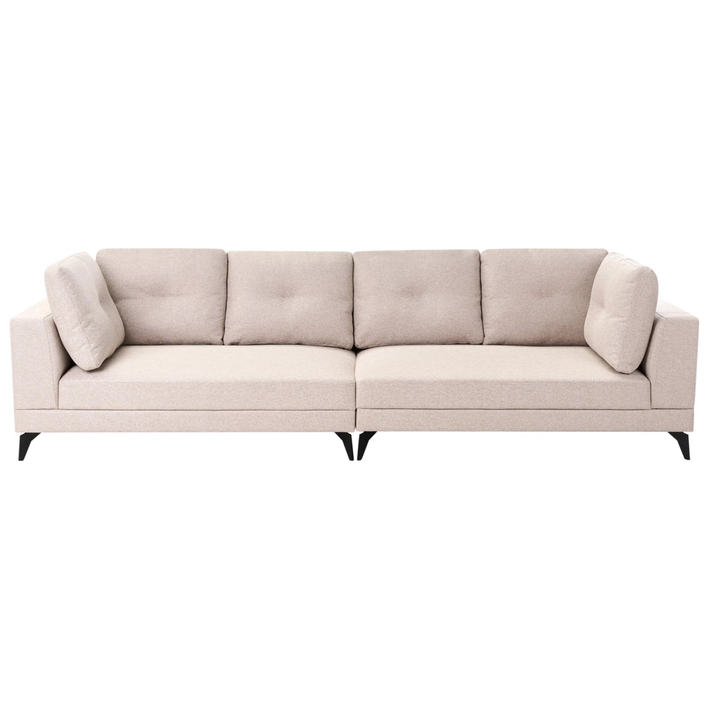 Divano 4 Posti Beige Chiaro con Rivestimento Idrorepellente Effetto Lino Gambe in Ferro Nero Stile Moderno con Cuscini