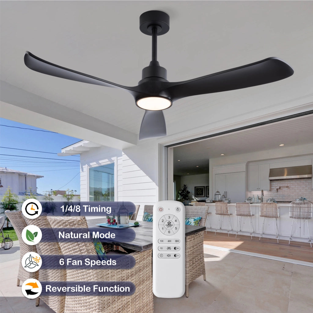 Ventilatore da soffitto nero 52 pollici con luce e telecomando, motore DC reversibile, 3 temperature, moderno interni/esterni, camere e soggiorni