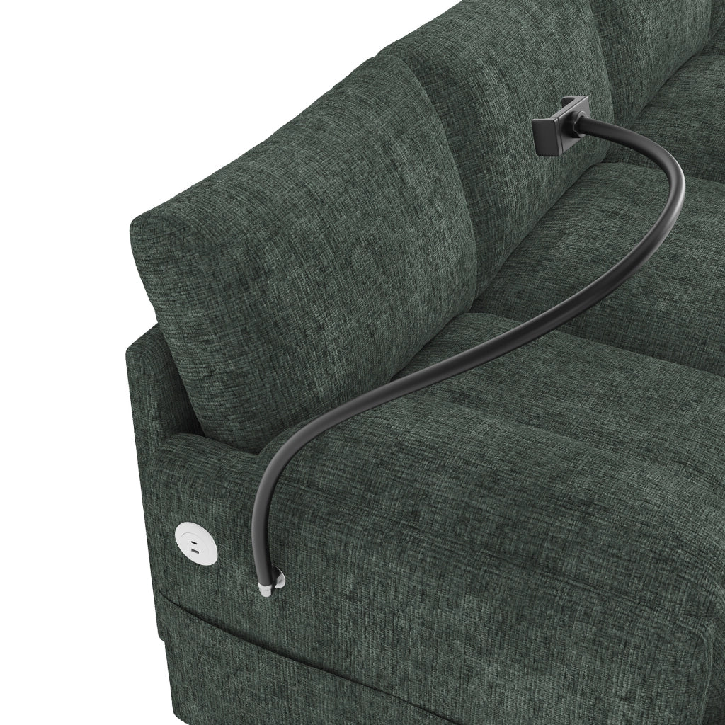 Divano modulare 6 posti configurabile a L/U in ciniglia verde con 2 pouf contenitore USB e Type-C