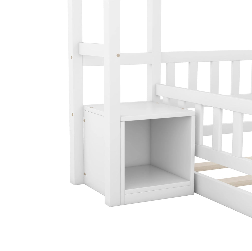 Letto a casetta in legno con sponda e comodino, 140 x 200 cm, bianco