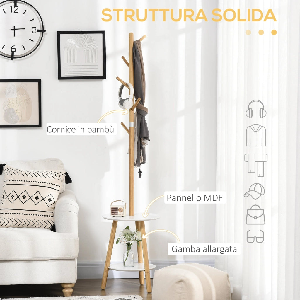 Appendiabiti da Ingresso 39,5x39,5x171 cm 5 Ganci con Tavolino in MDF e Alluminio Legno e Bianco