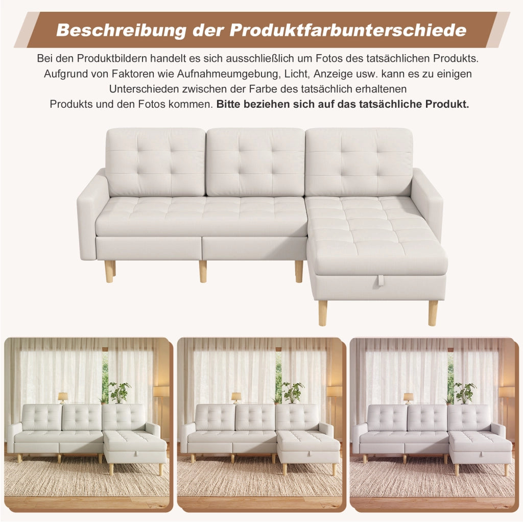 Divano angolare con chaise longue reversibile e doppio spazio contenitore per soggiorno moderno in tessuto beige