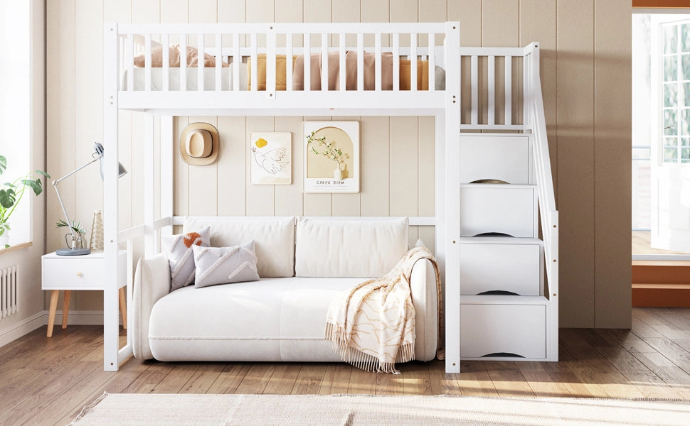 Letto a castello bianco in legno di pino con funzione contenitore 140x200 cm