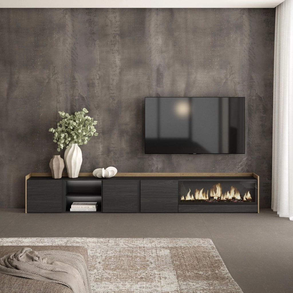 Mobile TV Soggiorno, 315x50x35 cm, Per TV fino a 80", Camino elettrico XXL, LED, Nero e rovere
