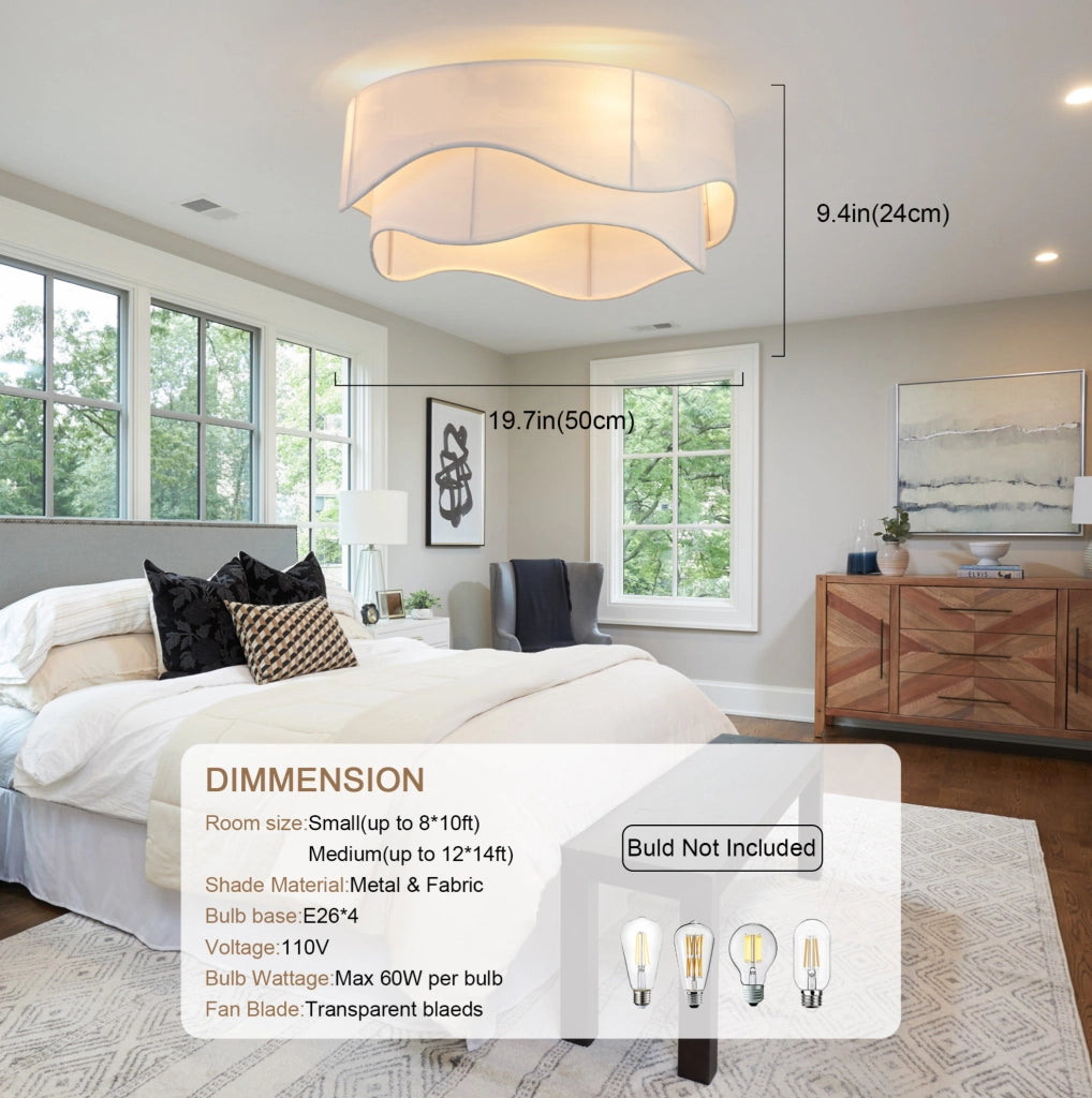 Ventilatore da soffitto con luce in tessuto; controllo Bluetooth e telecomando; oro e bianco