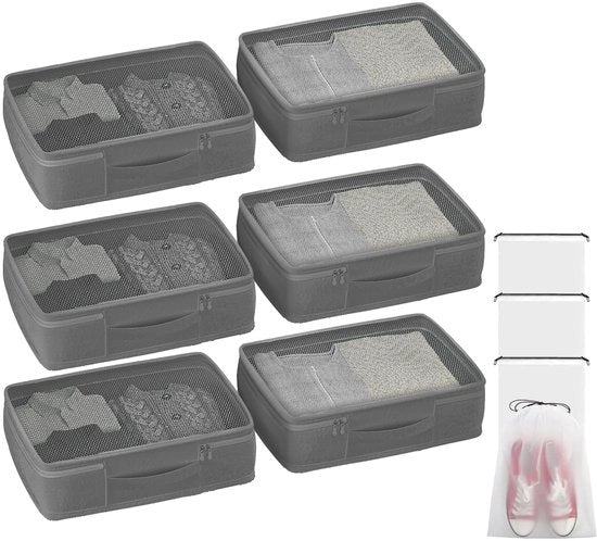 Set di organizzatori per armadio da 10, 6 x contenitori opachi da 15L riutilizzabili e 4 borse a cavo, contenitori da ripostiglio in legno, contenitori da ripostiglio in tessuto (grigio 15L/6 pezzi + 4 borse a cavo)