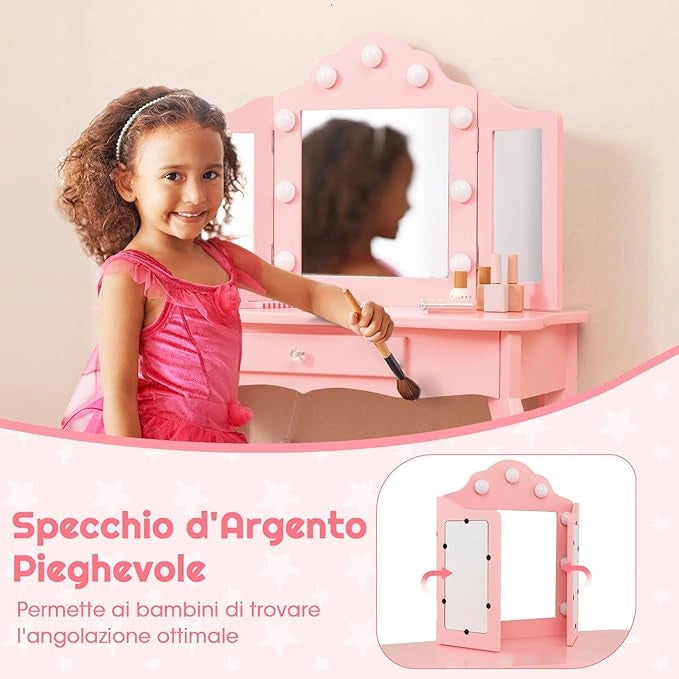 Toeletta Trucco 2 in 1 per Bambina, Specchiera Staccabile per Ragazza in Legno con Sgabello, Cassetto, Ripiani e Giocattoli, Postazione Trucco per 3 Anni, 70 x 34 x 103 cm (Rosa)