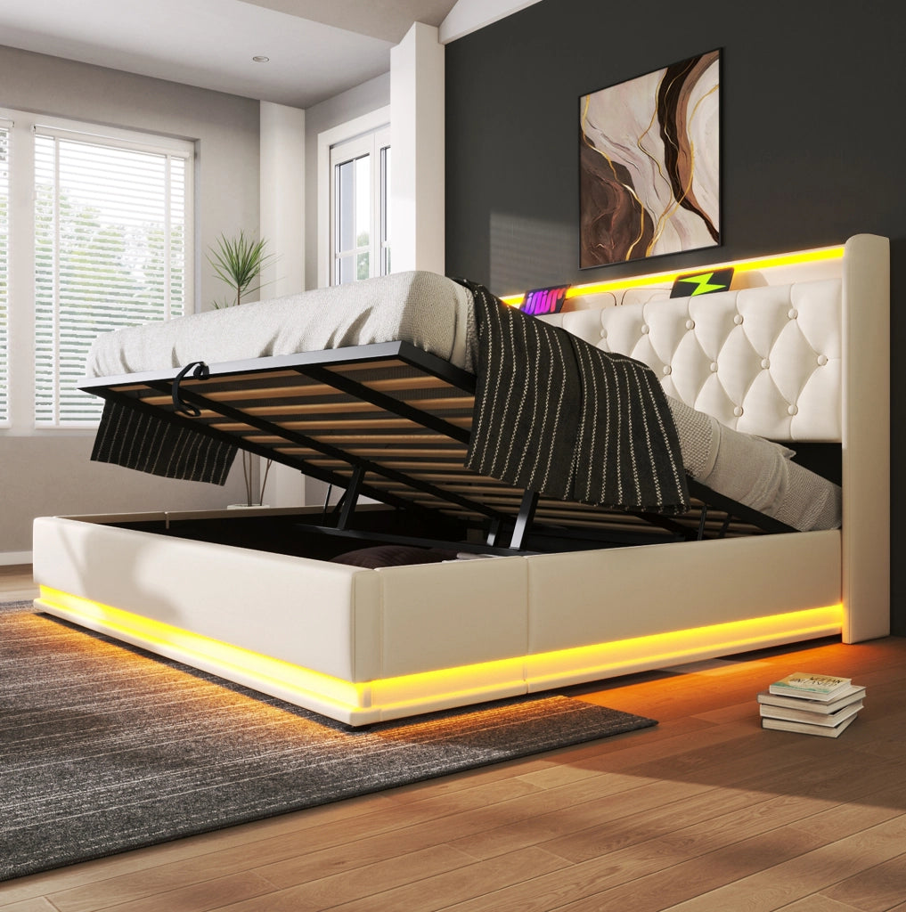 Letto matrimoniale 180x200 cm con contenitore; LED e porte USB e USB C; similpelle bianca