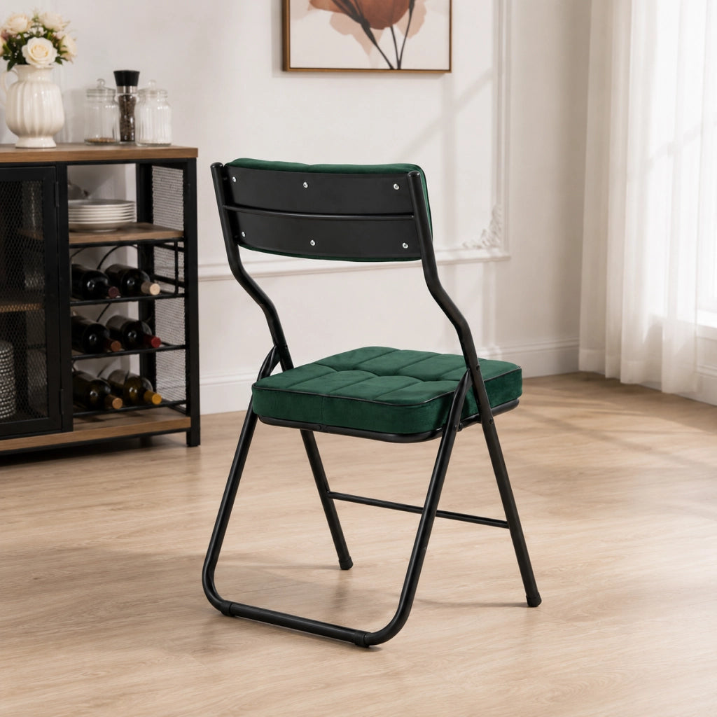 Set di 2 sedie pieghevoli imbottite; schienale curvo; in velluto e acciaio verde