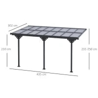 Pergola Addossata da Giardino 4.4x3m Regolabile in Policarbonato e Alluminio, Grigio