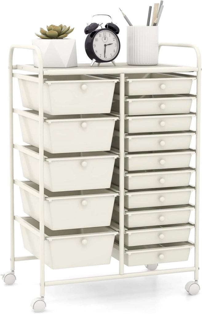 Carrelli Porta Oggetti, con 10+5 Cassetti Impilabili, 2 Ruote Bloccabili, Braccioli Metallici, Portabile e Pratico, per Ufficio, Studio, Cucina,Bagno, 5 Colori Disponibili, 62,5x37x87 cm