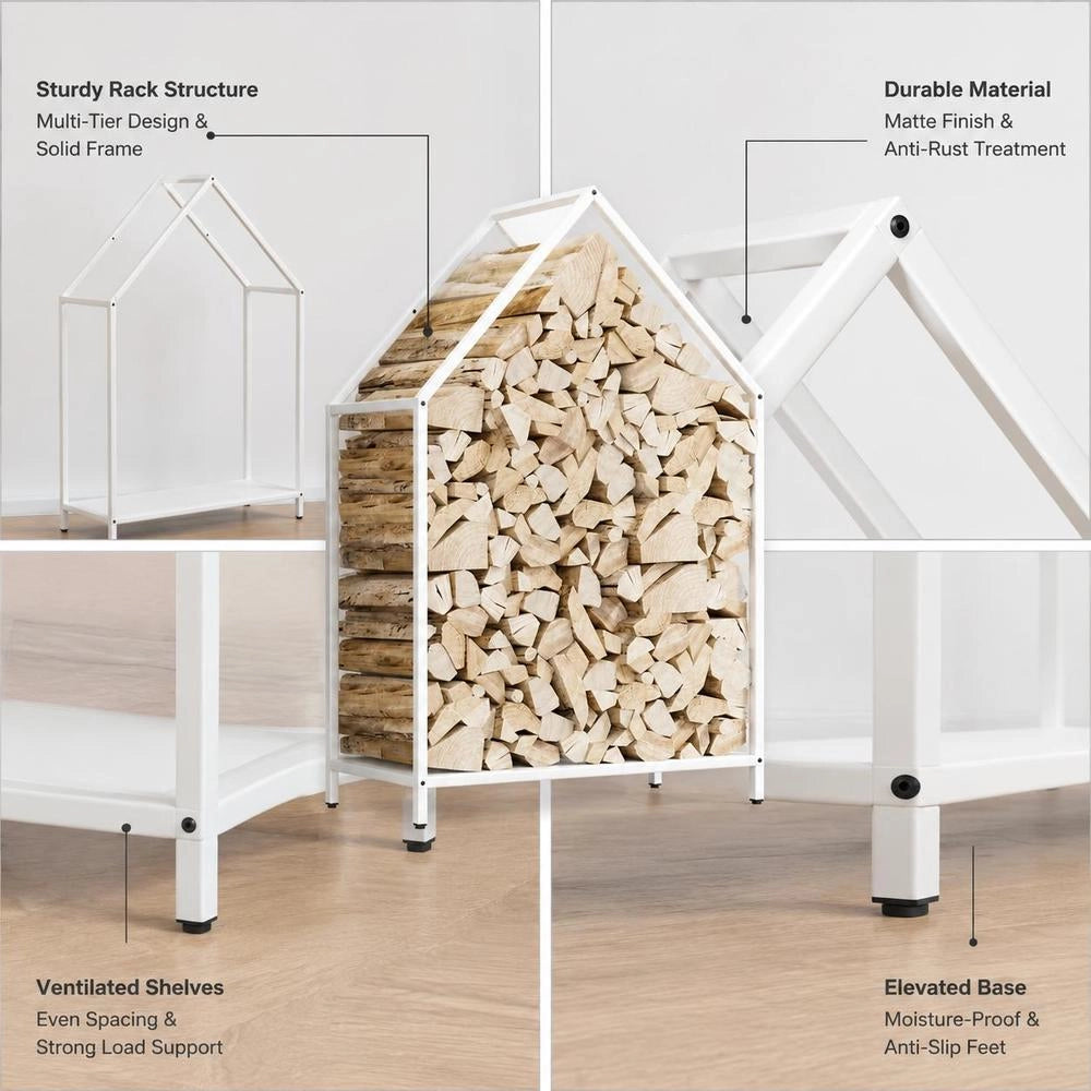 Porta legna bianco, 60x25x90 cm, in acciaio laminato a freddo – robusto e resistente, ideale per esterni, giardino e camino, pratico e durevole