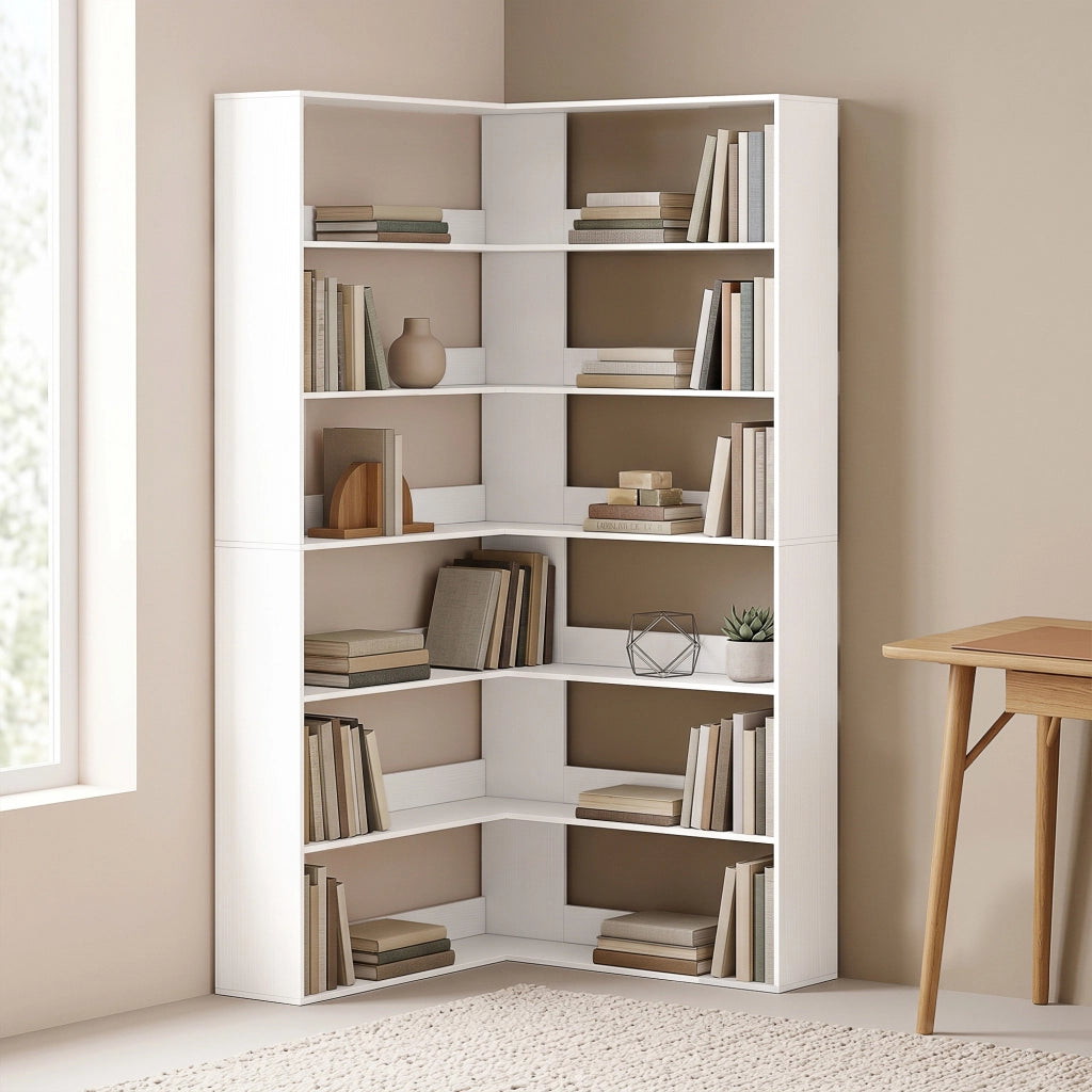 Libreria angolare a L 7 ripiani ¨C Xylo ¨C bianco effetto legno con protezione antiscivolo