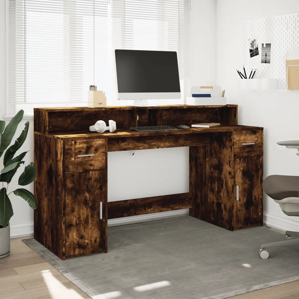 Scrivania con Luci LED Rovere Fumo 160x55x91 cm in Multistrato 3309433