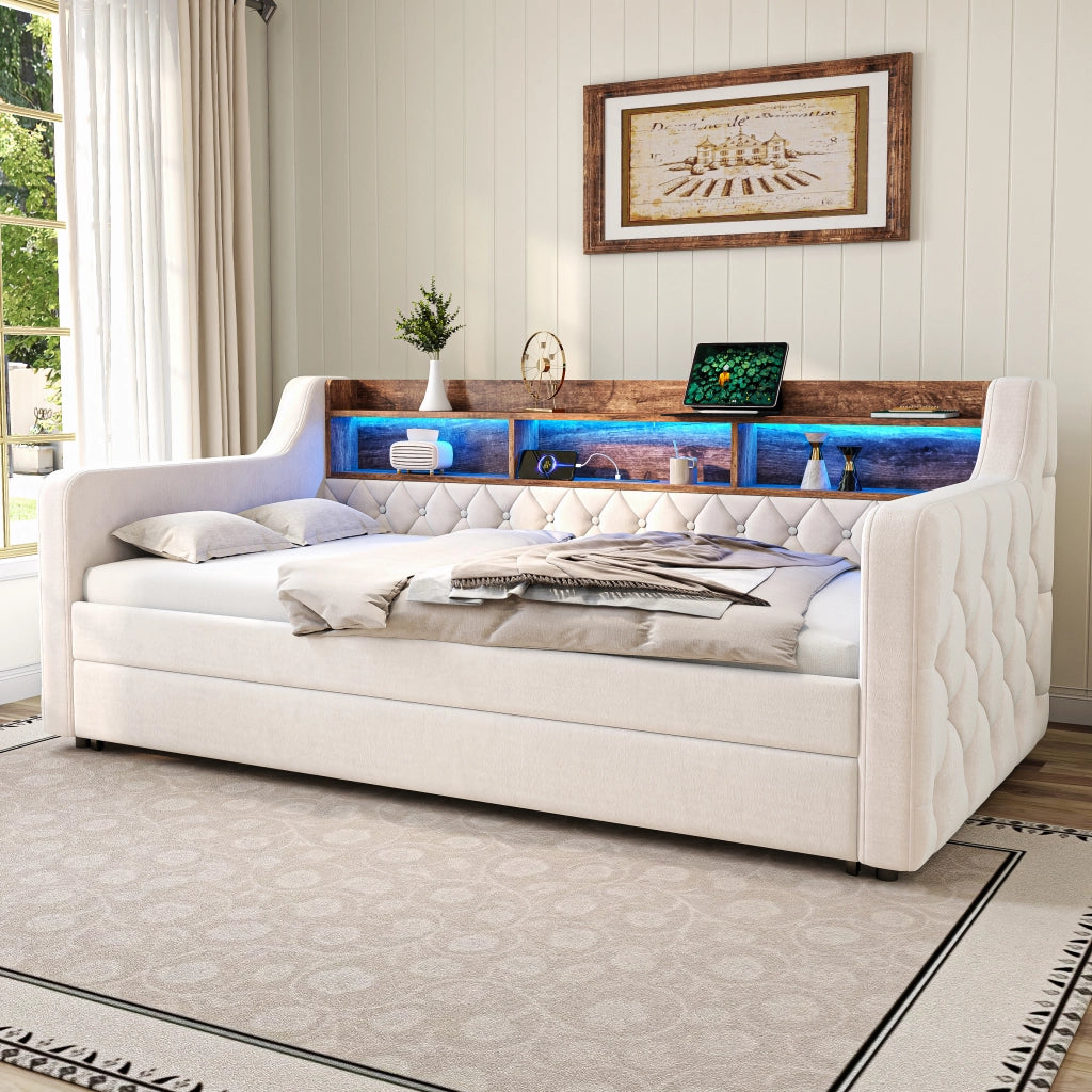Letto a Divanetto 90x190 cm con Contenitore; USB di tipo C; LED Regolabile in Velluto Beige