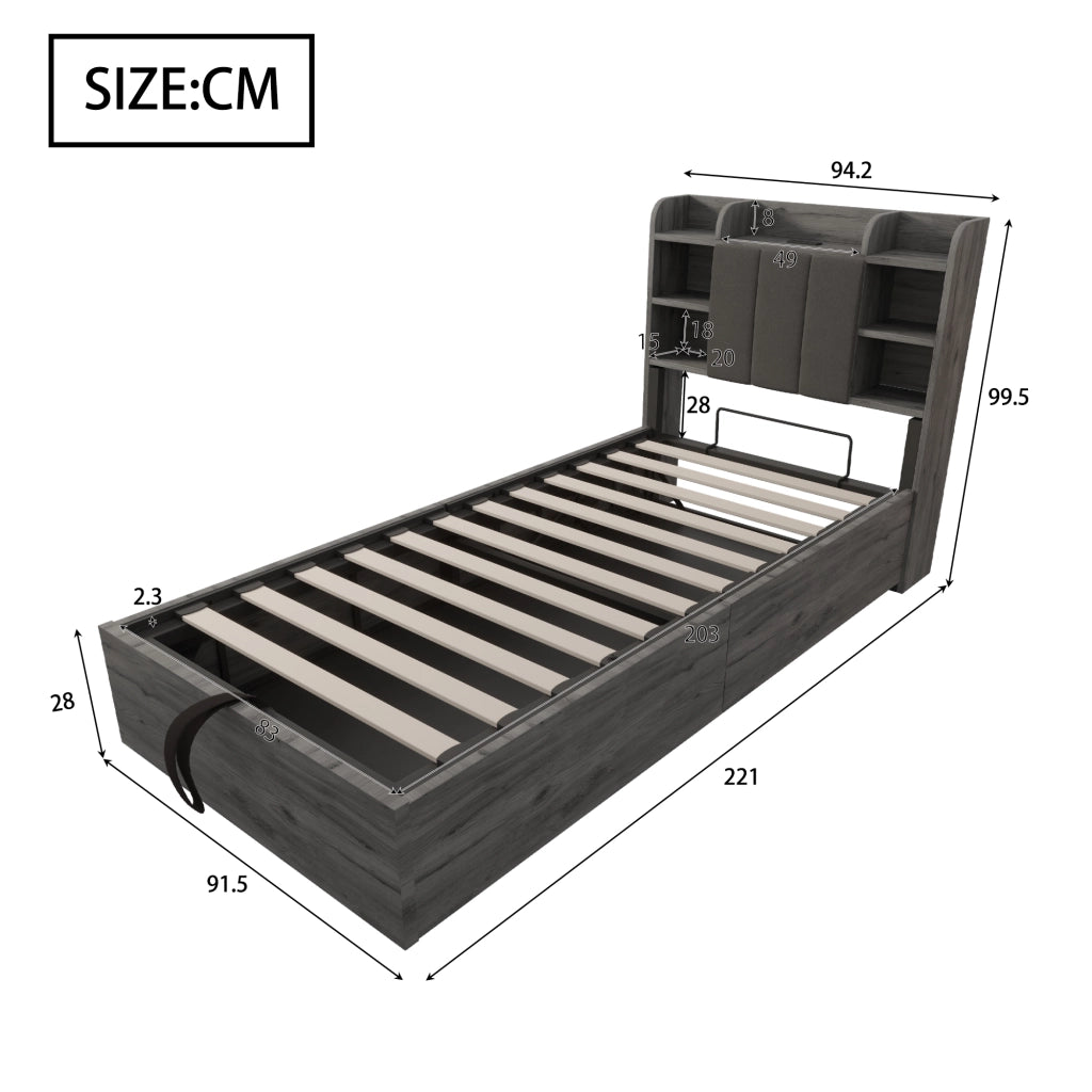 Letto singolo 90×200 cm con contenitore idraulico; USB e Type-C; testiera con ripiani; senza materasso; MDF grigio