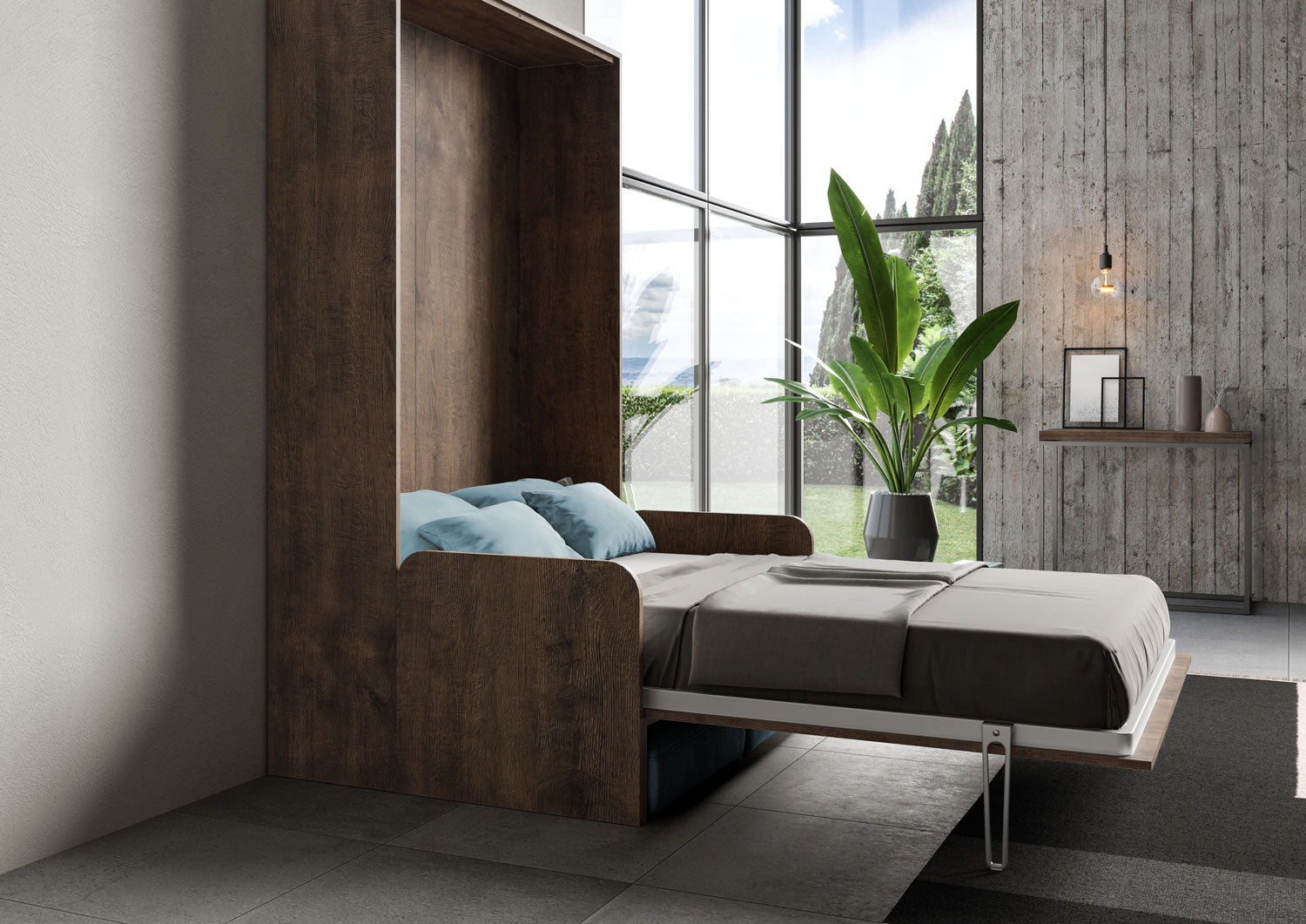 Letto Una Piazza E Mezzo A Scomparsa 120 Kentaro Con Divano Noce e Azzurro