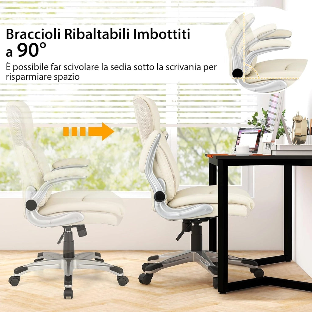 Sedia da Ufficio Girevole, Sedia da Scrivania in Ecopelle con Funzione Dondolo e Altezza Regolabile, Sedia con Ruote per Ufficio e Studio, Carico Massimo 160 kg