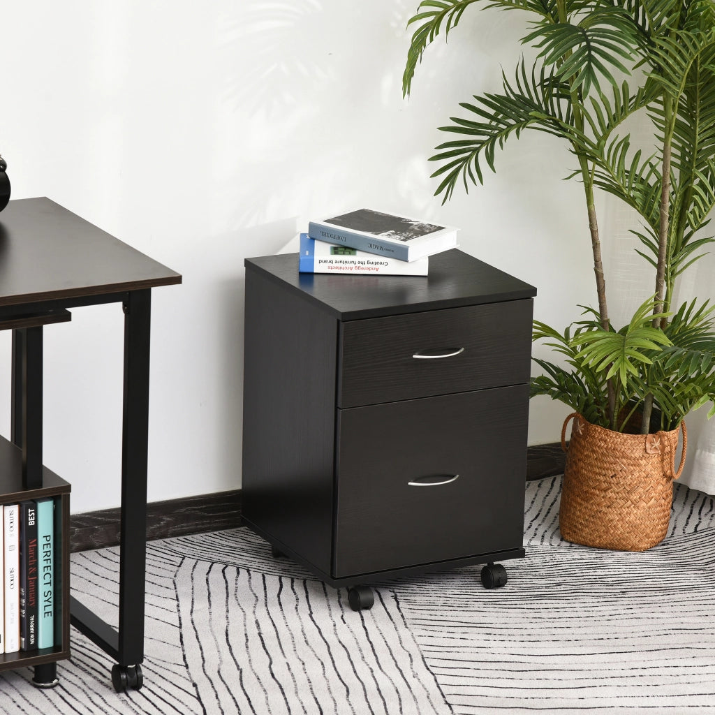 Cassettiera Ufficio e Casa 2 Cassetti e Ruote con Freno in Legno Nero