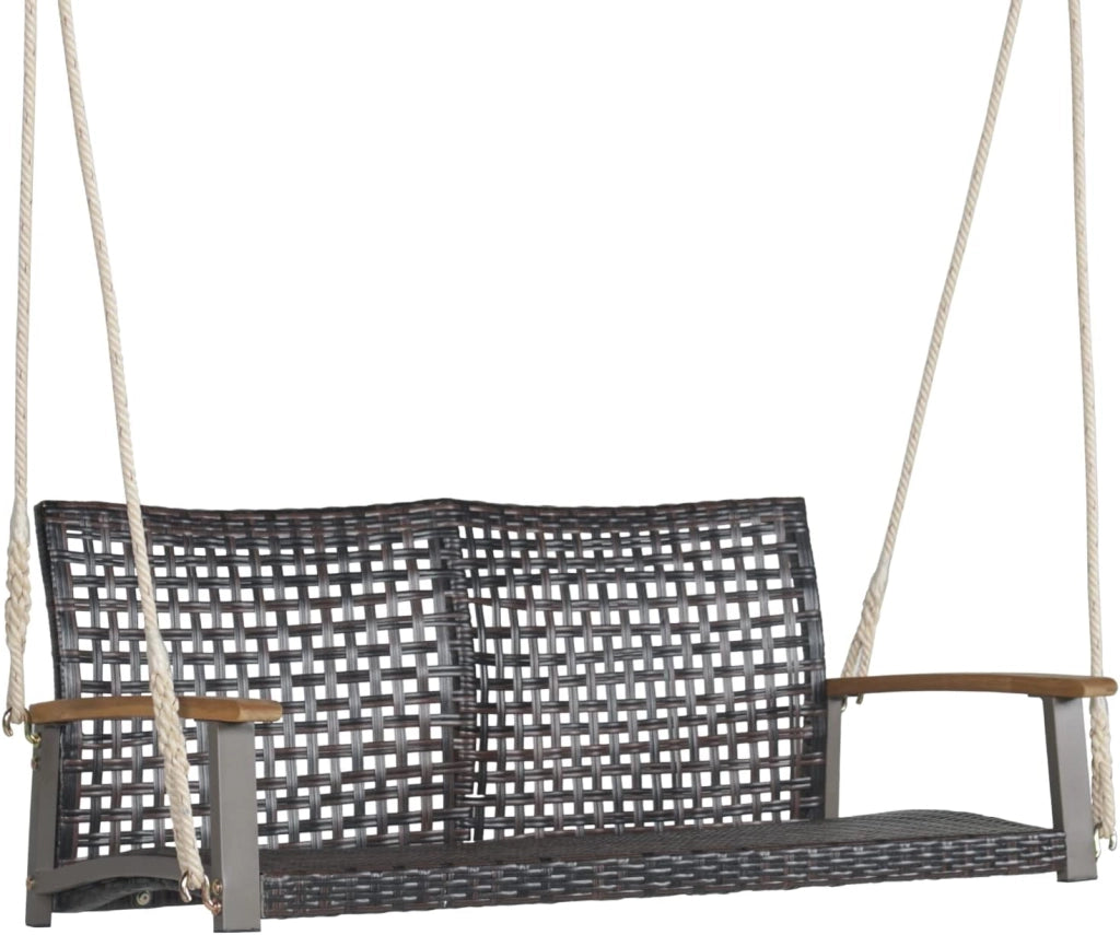 Panca sospesa in rattan per 2 persone, altalena da giardino sospesa, sedia a dondolo con ringhiera in legno di acacia, dondolo Hollywood fino a 360 kg, per balcone, giardino, terrazza