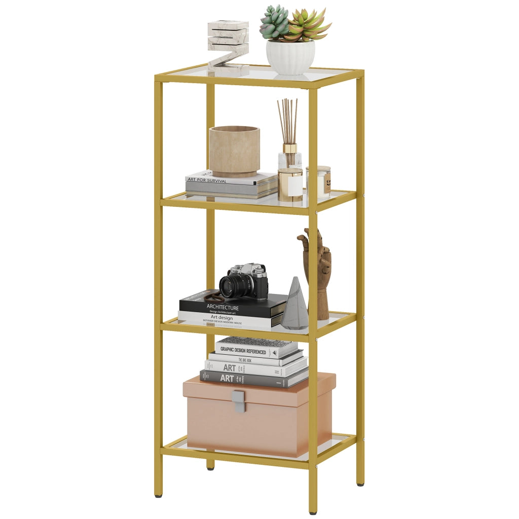 Mobiletto Scaffale a 4 Livelli Minimal in Metallo e Vetro Temperato, 40x30x96.5 cm, color Oro