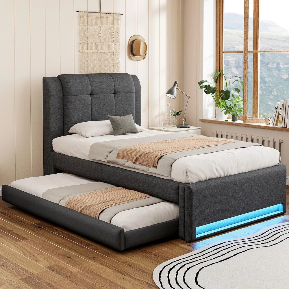 Letto Imbottito con Letto Estraibile e LED ¨C Xylo ¨C Grigio 90x200