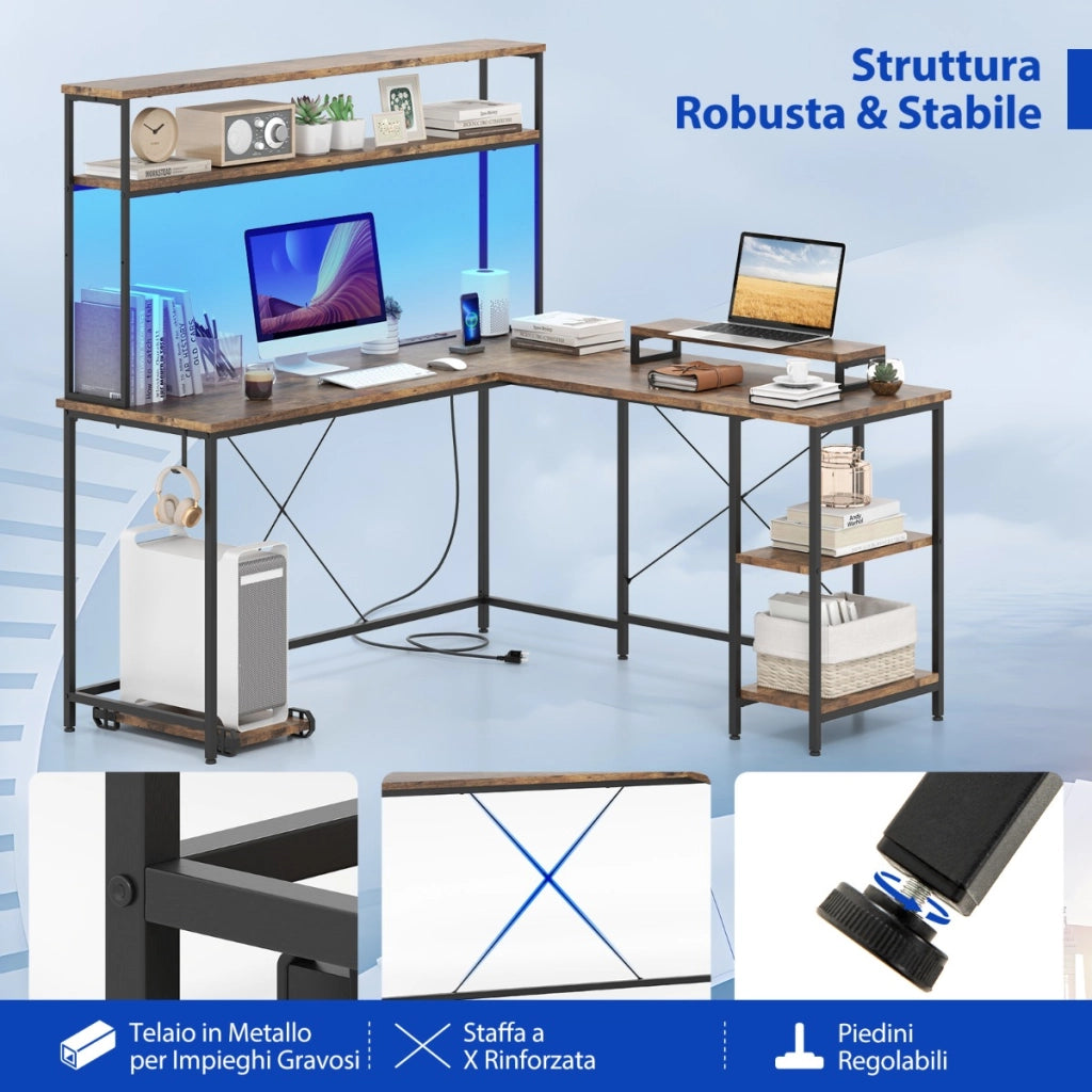 Tavolo da gioco a L con striscia LED e prese di corrente, Scrivania angolare con mensola supporto per monitor/CPU Marrone-Scrivanie