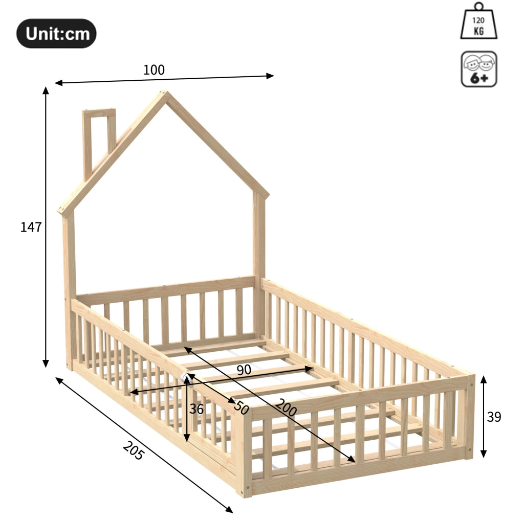 Letto a casetta 90x200 cm con design a camino e sponde in pino e MDF colore naturale