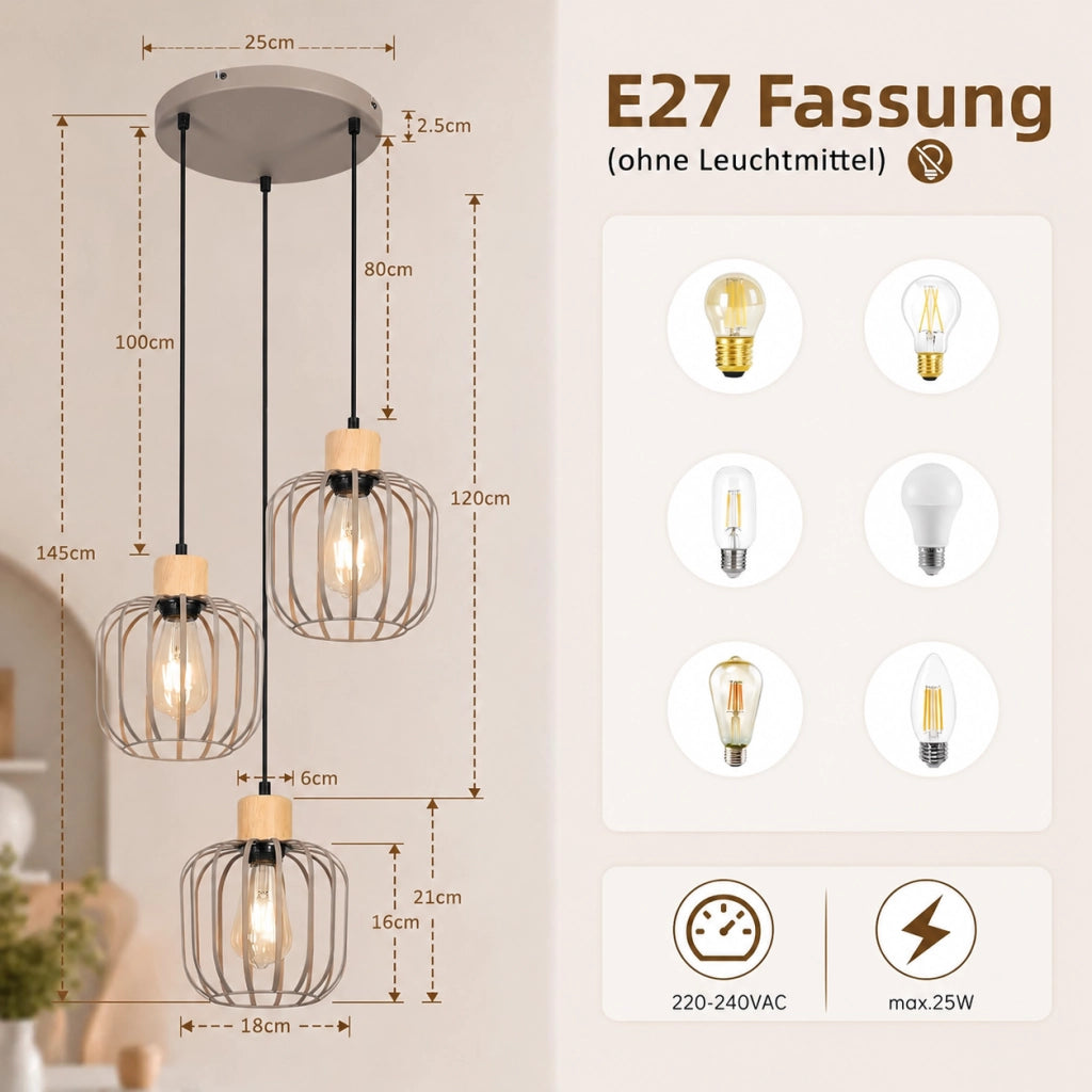 ZMH Lampada a Sospensione 3 Luci Grigio Legno Rotonda E27 Moderna per Soggiorno Cucina Isola Corridoio Senza Lampadina