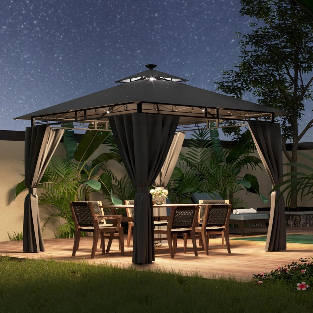 Gazebo Esterno Resistente 3x3m con Luce LED, Gazebo da Giardino Impermeabile Robusto per 4-6 Persone, Doppio Tetto Protezione UV50+, Tenda da Giardino per Famiglie Festival Eventi, Grigio