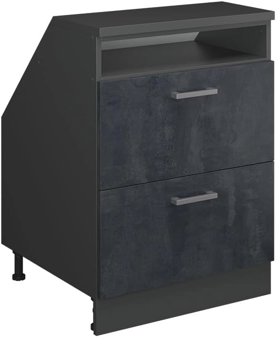Mobile sottotetto Rion, Calcestruzzo nero, 60 x 81.6 cm con 2 cassetti, carcassa 60 cm profondità, adatto per il salvaspazio sotto tetti spioventi