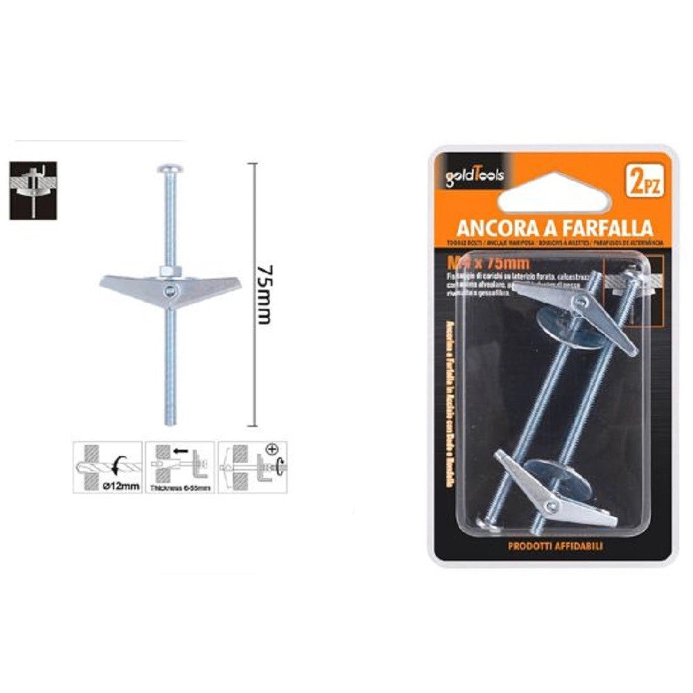 Trade Shop - Set 2 Pz Ancora A Farfalla In Acciaio Con Dado E Rondella Tassello M4x75mm 57225 -