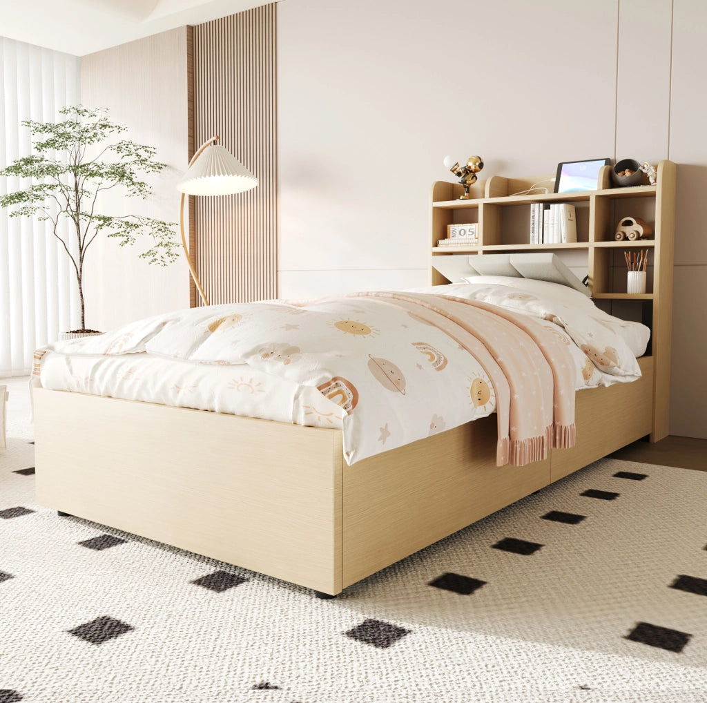 Letto contenitore 90x200 cm con alzata idraulica; prese USB e Type-C in MDF