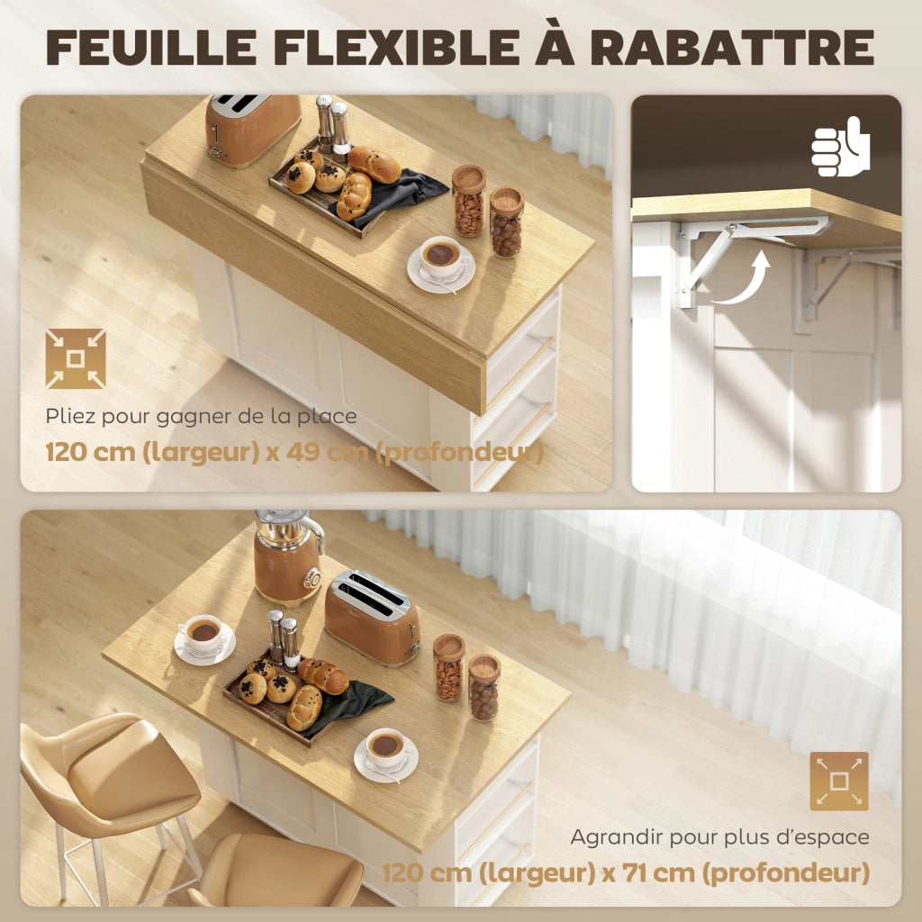 Carrello Cucina con Tavolo Pieghevole ¨C Zephmum ¨C Bianco 2 Cassetti