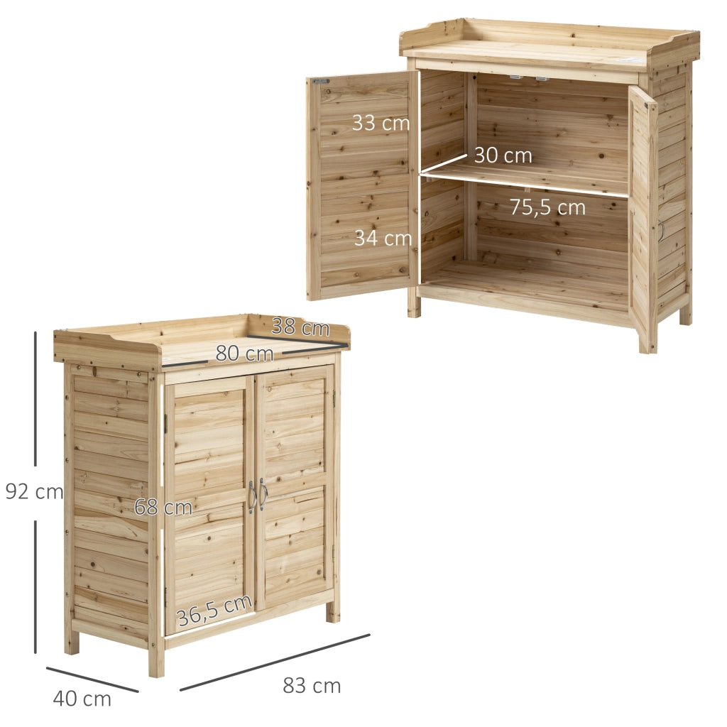 Armadietto da Esterno a 2 Ripiani in Legno di Abete con Design Rialzato e 2 Ante. 83x40x92 cm