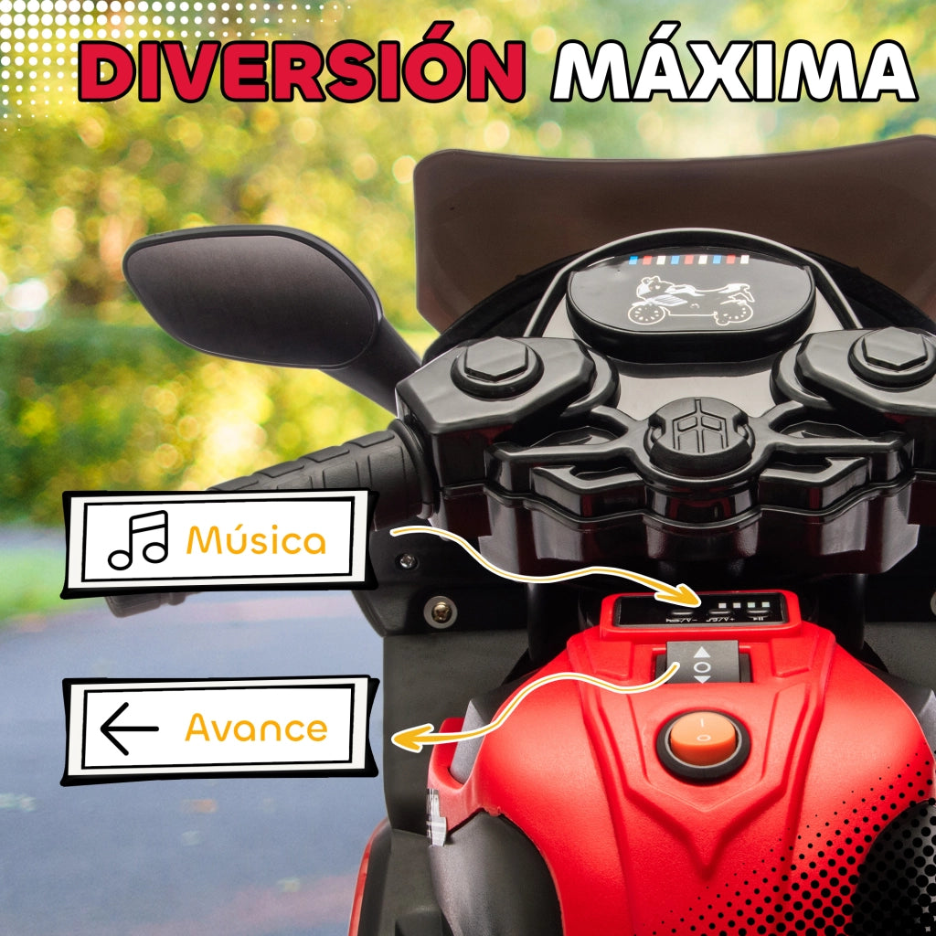 Moto Elettrica per Bambini 6V ¨C Xylo ¨C Rosso con Ruote di Supporto Musica Faro 18-36 Mesi