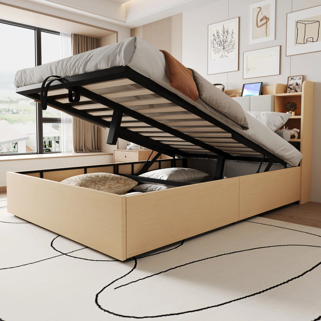 Letto 140x200 cm con contenitore idraulico e testiera con vani in MDF