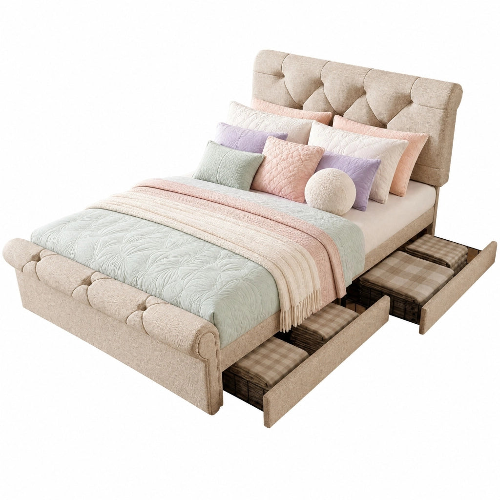 Letto singolo imbottito ULEVR 90x200 cm con 2 cassetti e testiera regolabile, naturale