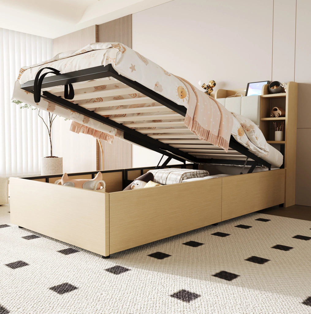 Letto singolo 90x200 cm con sollevamento idraulico; testiera con vani portaoggetti e prese USB Type-C; effetto legno naturale