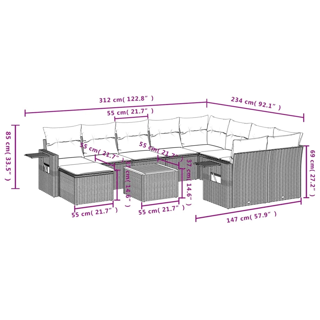 Set Divani da Giardino 11 pz con Cuscini in Polyrattan Grigiocod mxl 116792
